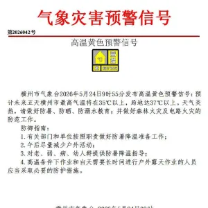 横州市气象台连发两个气象灾害预警信号：高温黄色预警信号、大风蓝色预警信号，市民应 ...